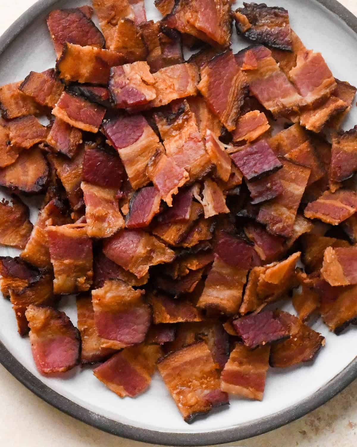 cooked & diced bacon on a plate
