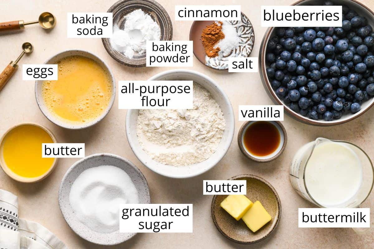 overhead photo of the ingredients in this Blueberry Pancakes recipe