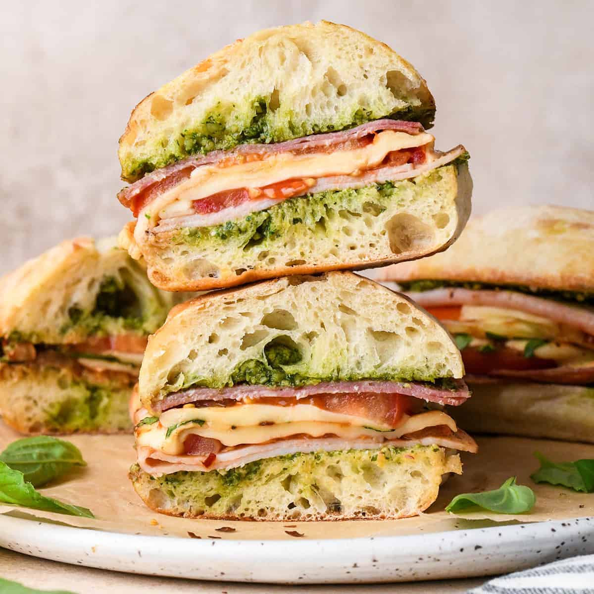 two pieces of Caprese Sandwich stacked on top of each other