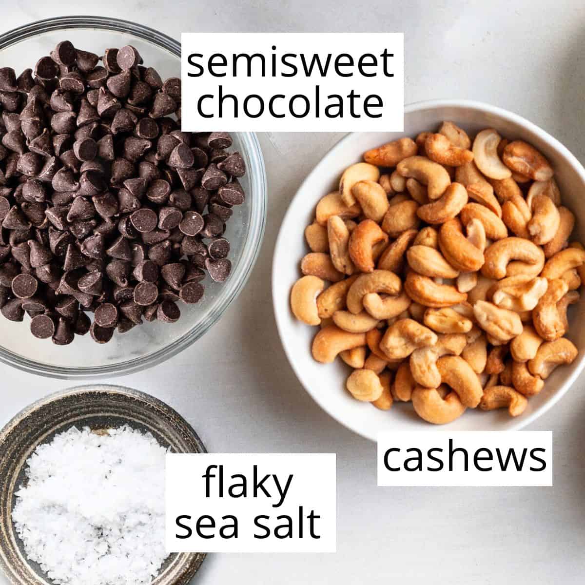 overhead photo of the labeled ingredients in this Chocolate Covered Cashews recipe