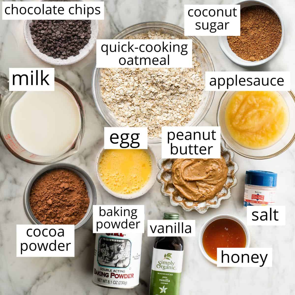 overhead photo of the labeled ingredients in this Baked Chocolate Peanut Butter Oatmeal recipe