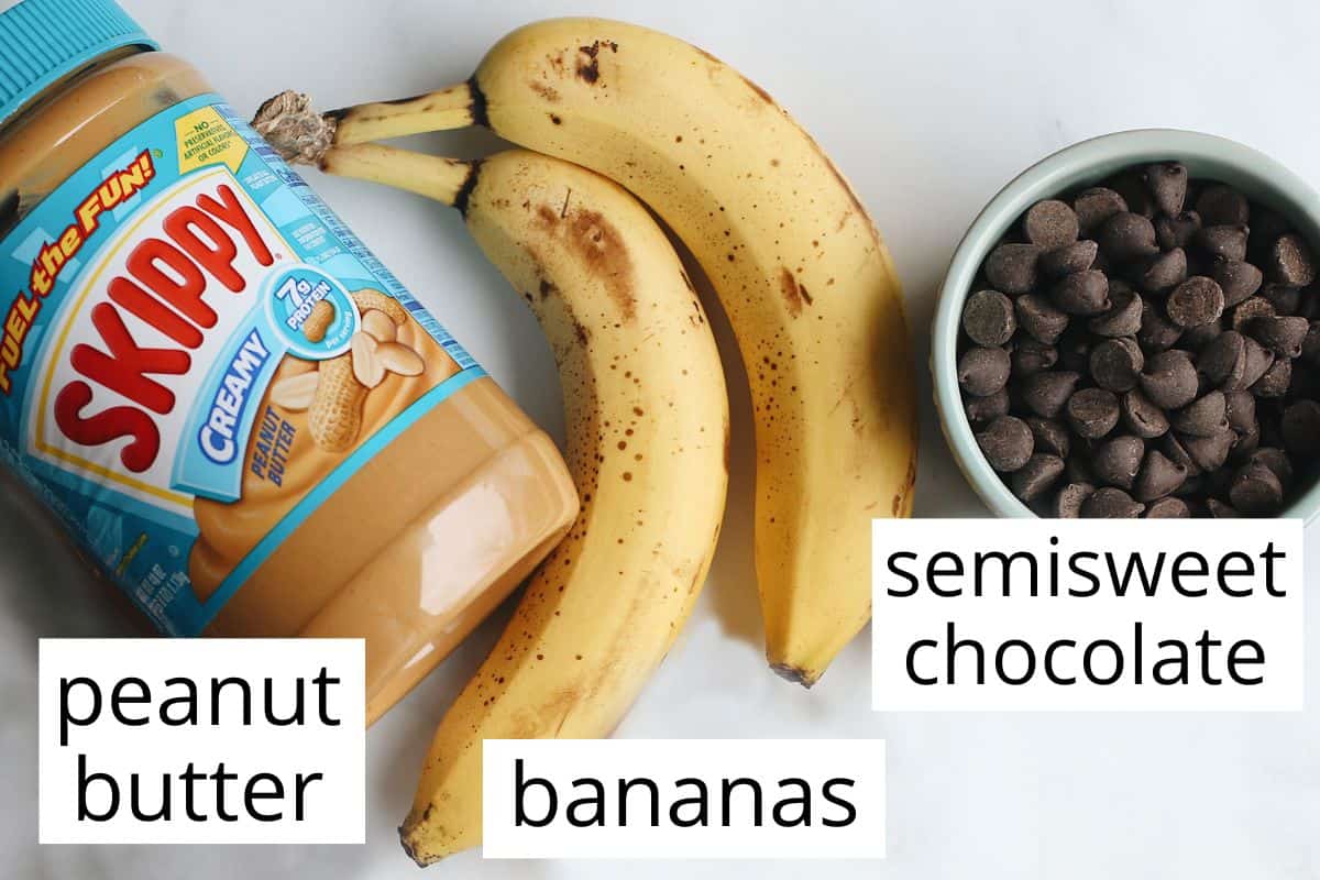 overhead photo of the labeled ingredients in this Chocolate Peanut Butter Frozen Bananas recipe