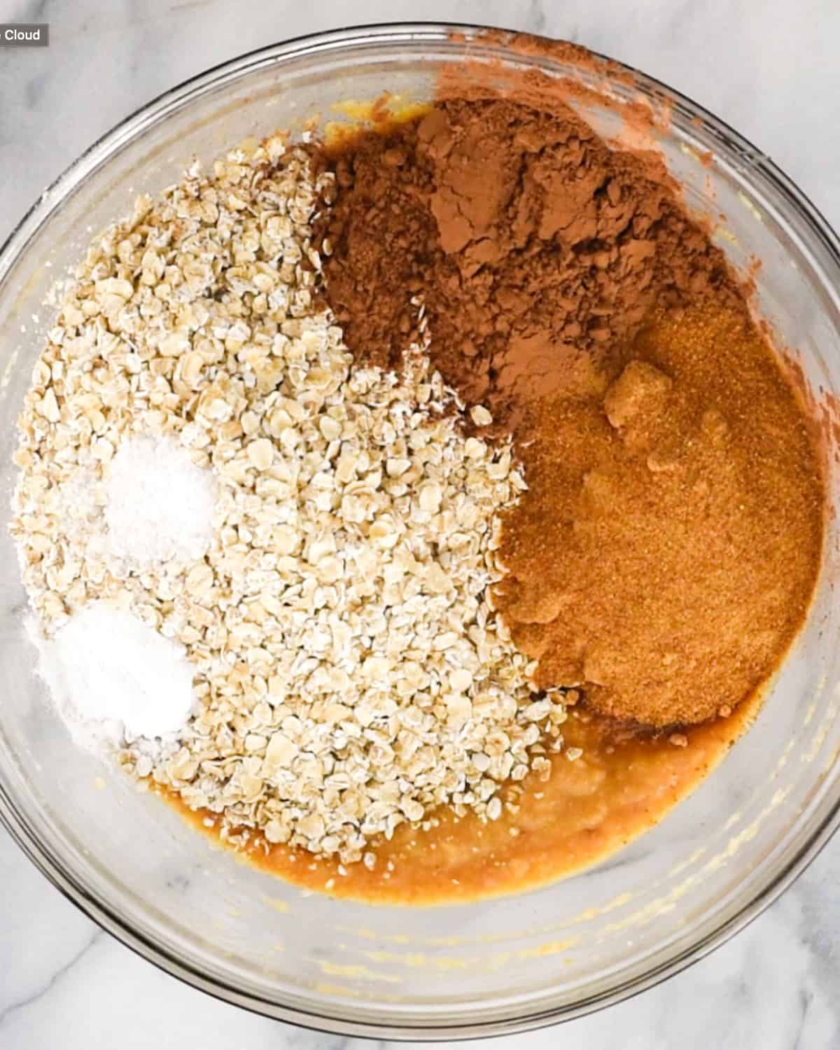 how to make Baked Chocolate Peanut Butter Oatmeal - adding dry ingredients in a bowl before mixing