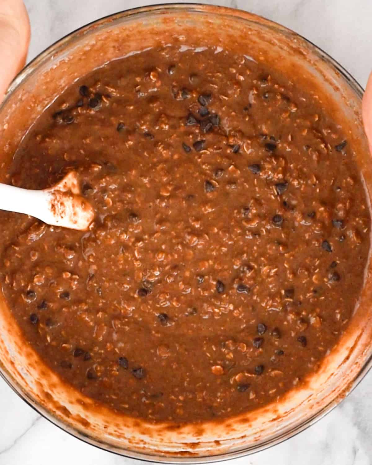 how to make Baked Chocolate Peanut Butter Oatmeal - after mixing in chocolate chips