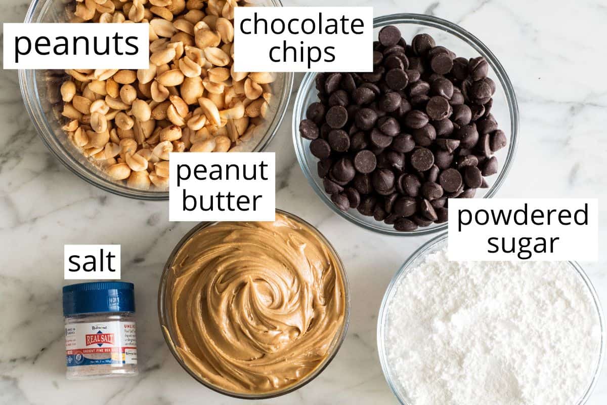 overhead photo of the labeled ingredients in this Chocolate Peanut Clusters Recipe
