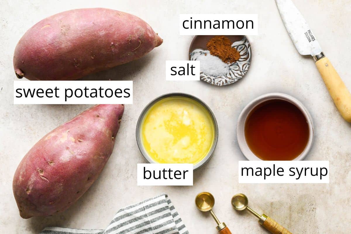 overhead photo of the ingredients in this Roasted Cinnamon Sweet Potatoes recipe