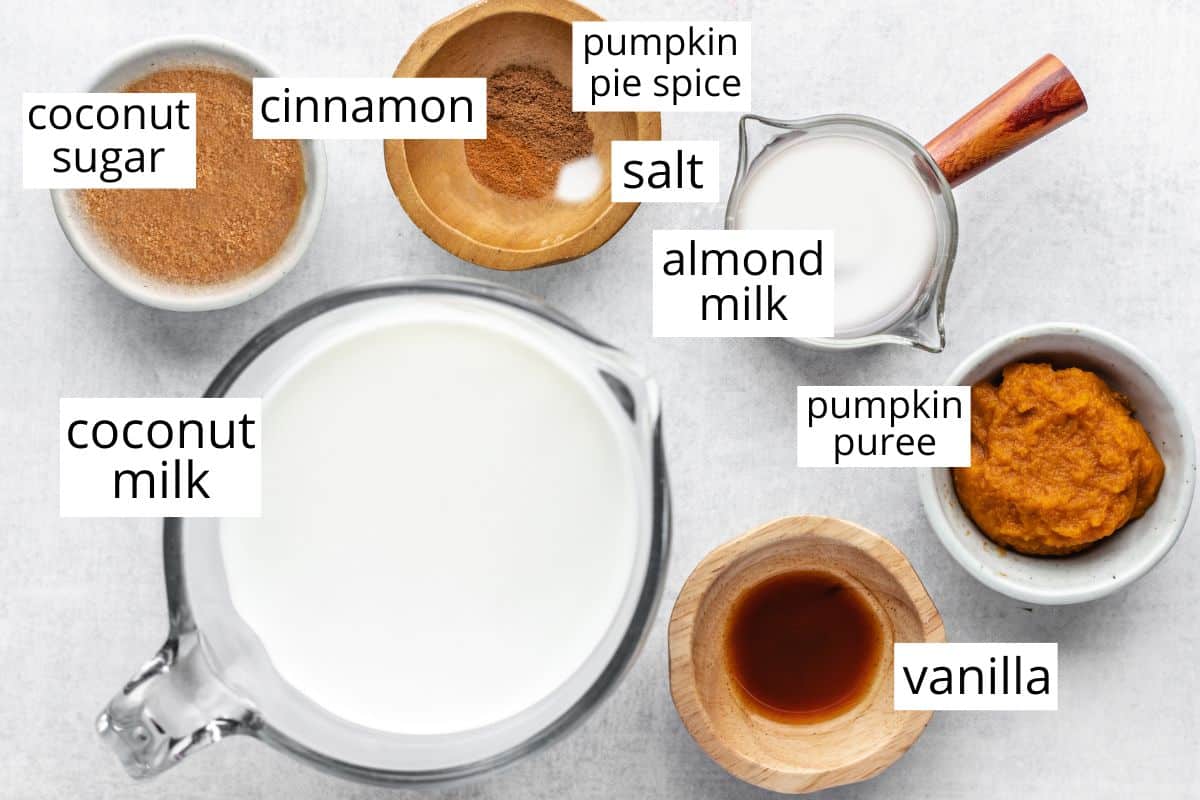 overhead photo of the labeled ingredients in this Homemade Pumpkin Coffee Creamer recipe