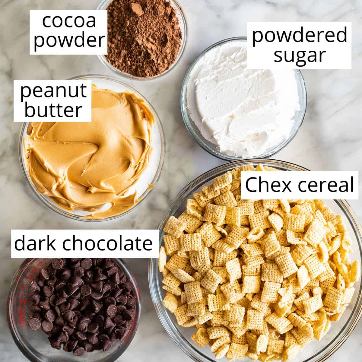 overhead photo of the labeled ingredients in this Dark Chocolate Puppy Chow recipe