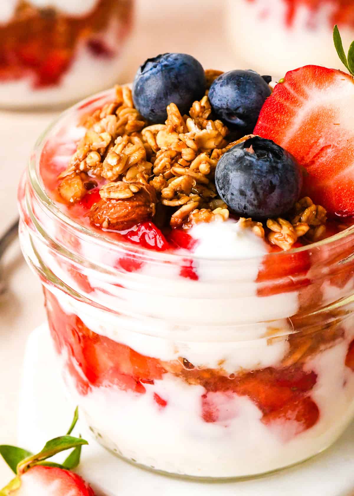 up close photo of a Fruit & Yogurt Parfait in a glass jar