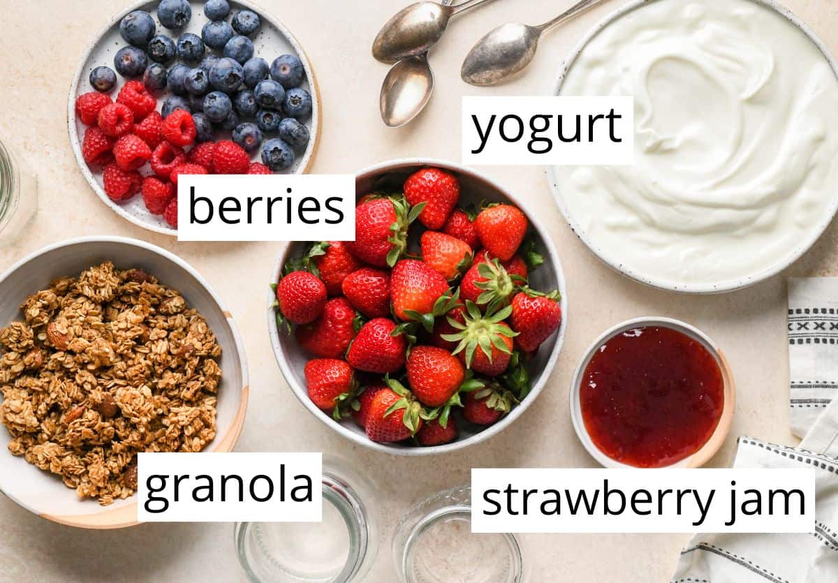 overhead photo of the labeled ingredients in this Fruit & Yogurt Parfait recipe
