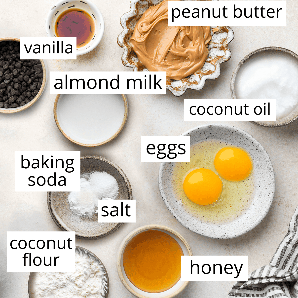 overhead photo of the labeled ingredients in this Gluten Free Peanut Butter Waffles recipe