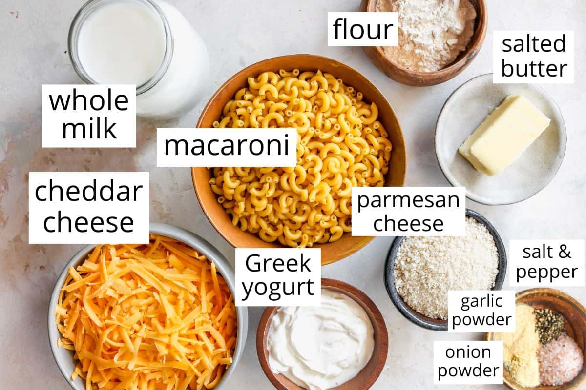 overhead photos of the labeled ingredients in this Greek Yogurt Mac & Cheese recipe