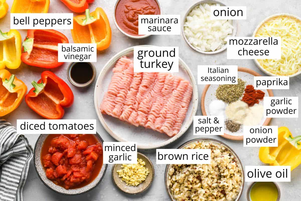 overhead photo of the ingredients in this Ground Turkey Stuffed Peppers recipe