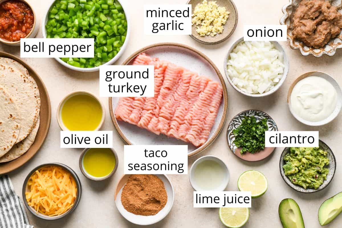 overhead photo of the labeled ingredients in this Ground Turkey Tacos recipe