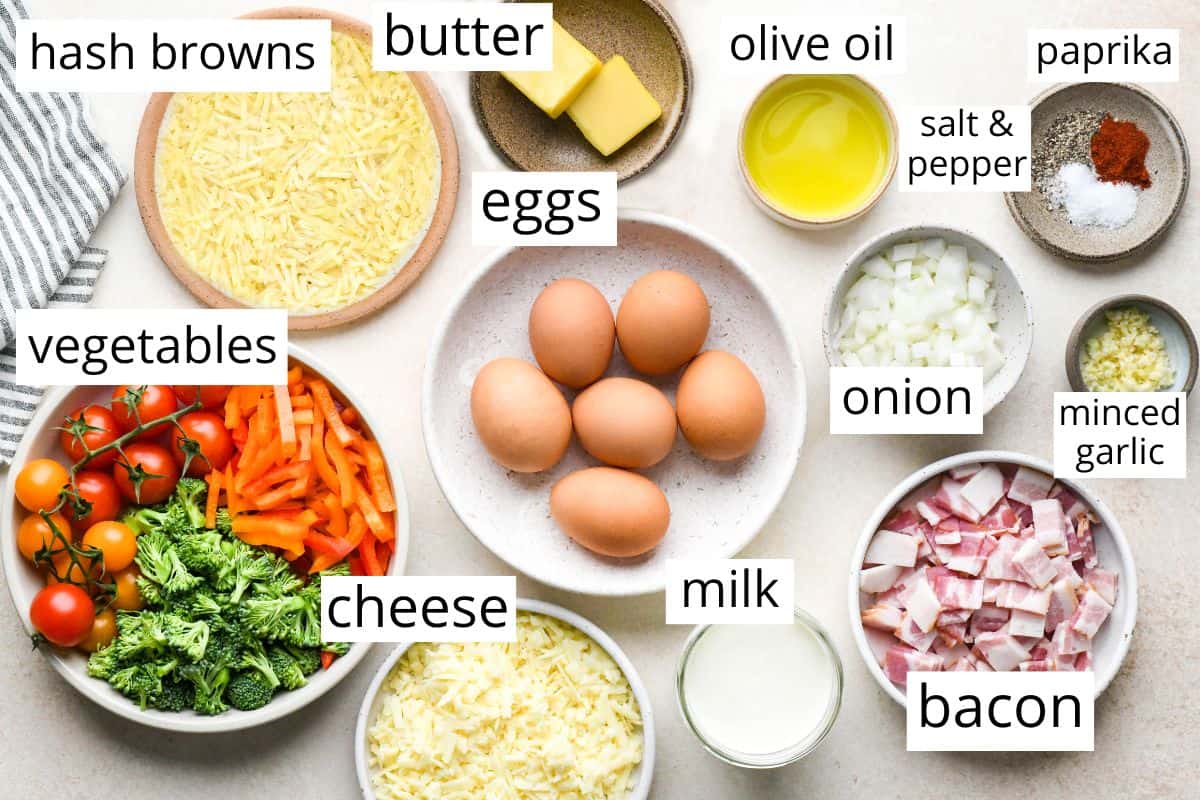 overhead photo of the labeled ingredients in this Hash Brown Crust Quiche recipe
