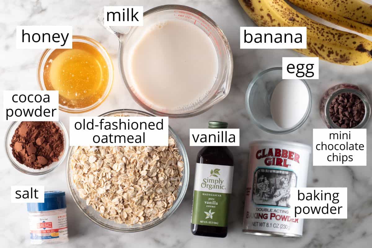 overhead photo of the labeled ingredients in this Healthy Chocolate Pancakes recipe