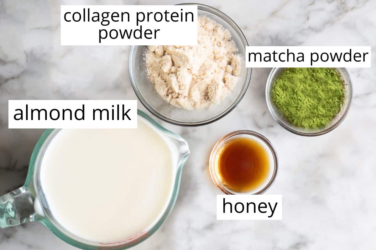 overhead photo of the labeled ingredients in this Healthy collagen Matcha Latte recipe