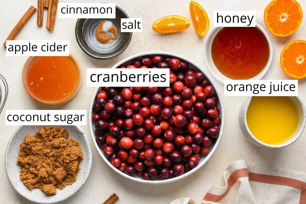overhead photo of the labeled ingredients in this Healthy Cranberry Sauce recipe