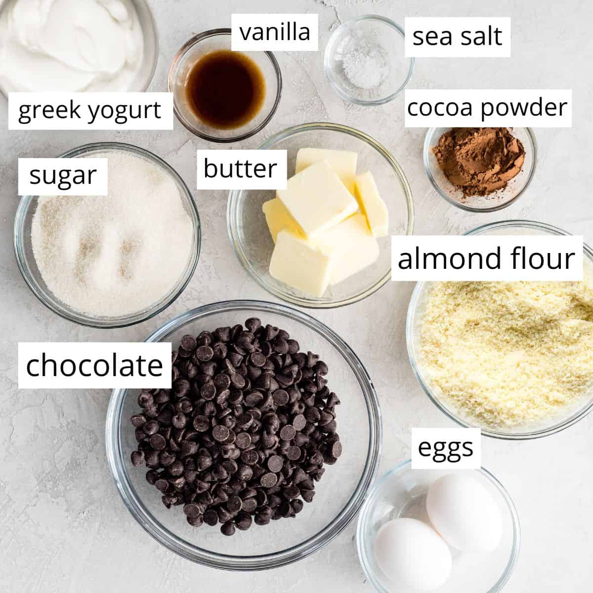 overhead photo of the labeled ingredients in this Greek Yogurt Brownies recipe