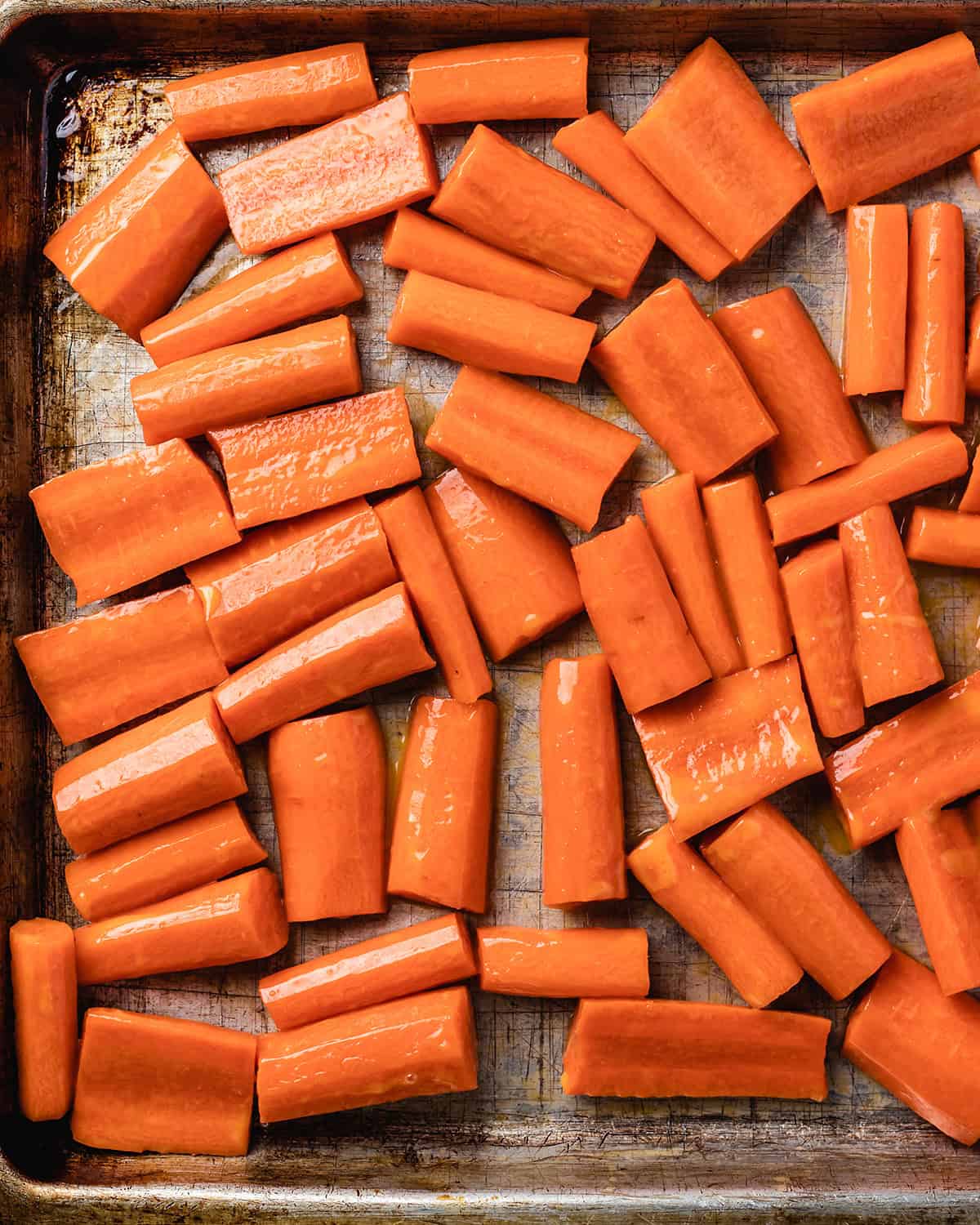 How to Make Baby Food Carrots  - carrots on a baking sheet before roasting