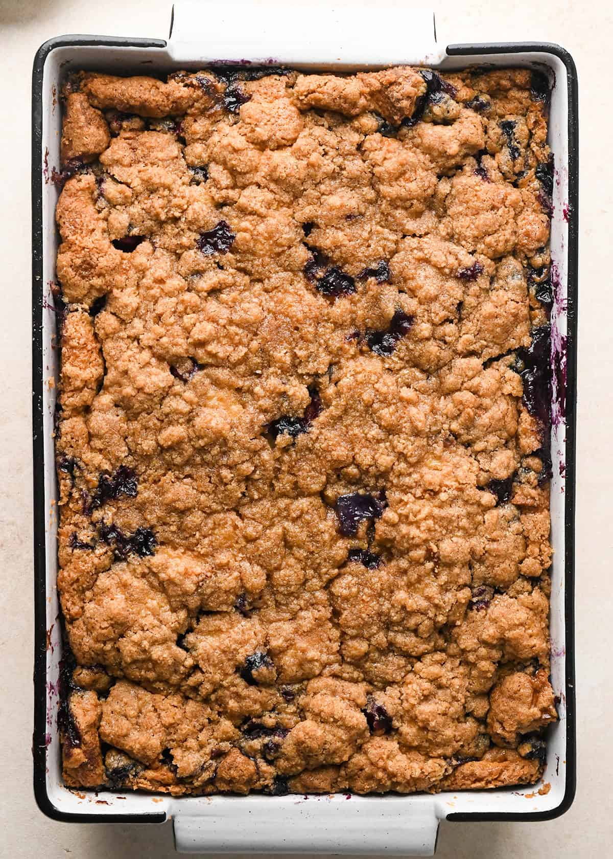 Blueberry French Toast Casserole in a baking dish after baking