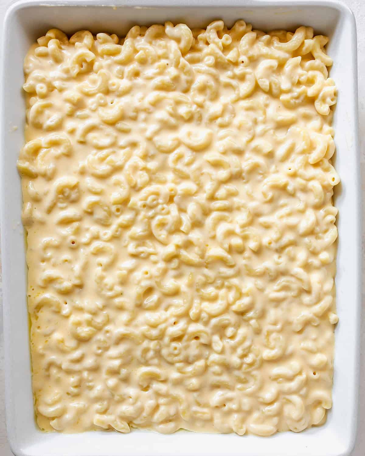 Greek Yogurt Mac & Cheese in a baking dish before baking