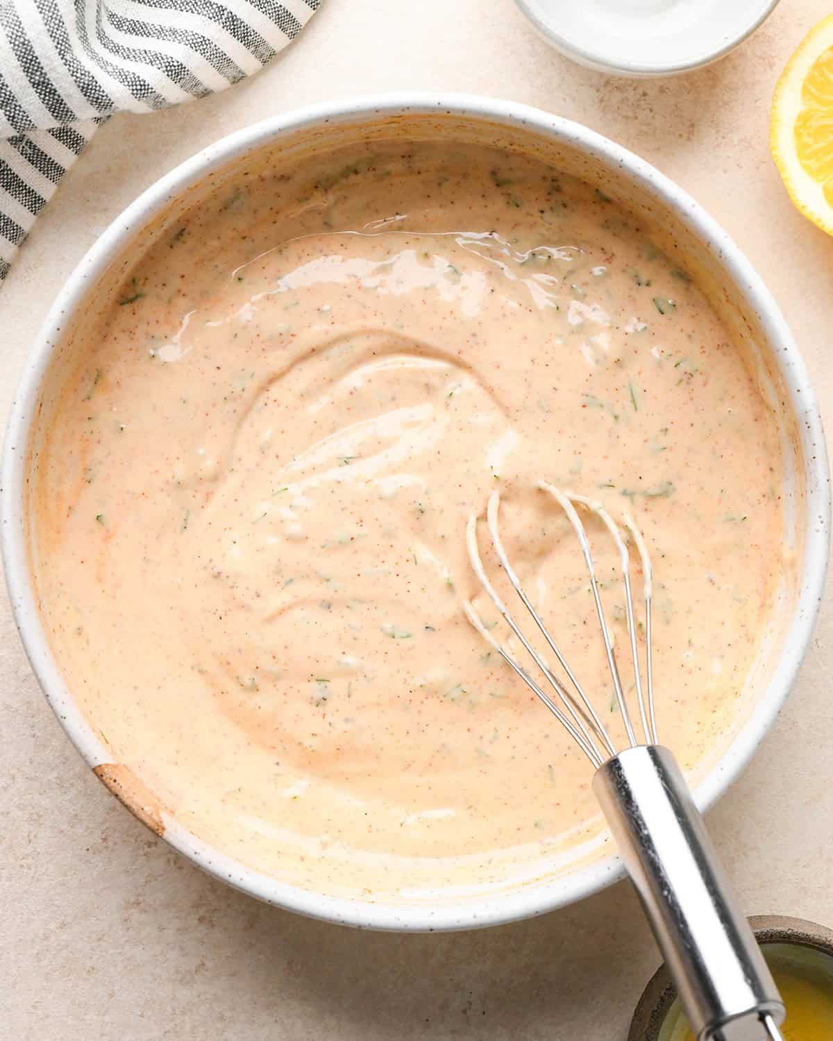 How to Make Macaroni Salad - dressing ingredients in a bowl after mixing