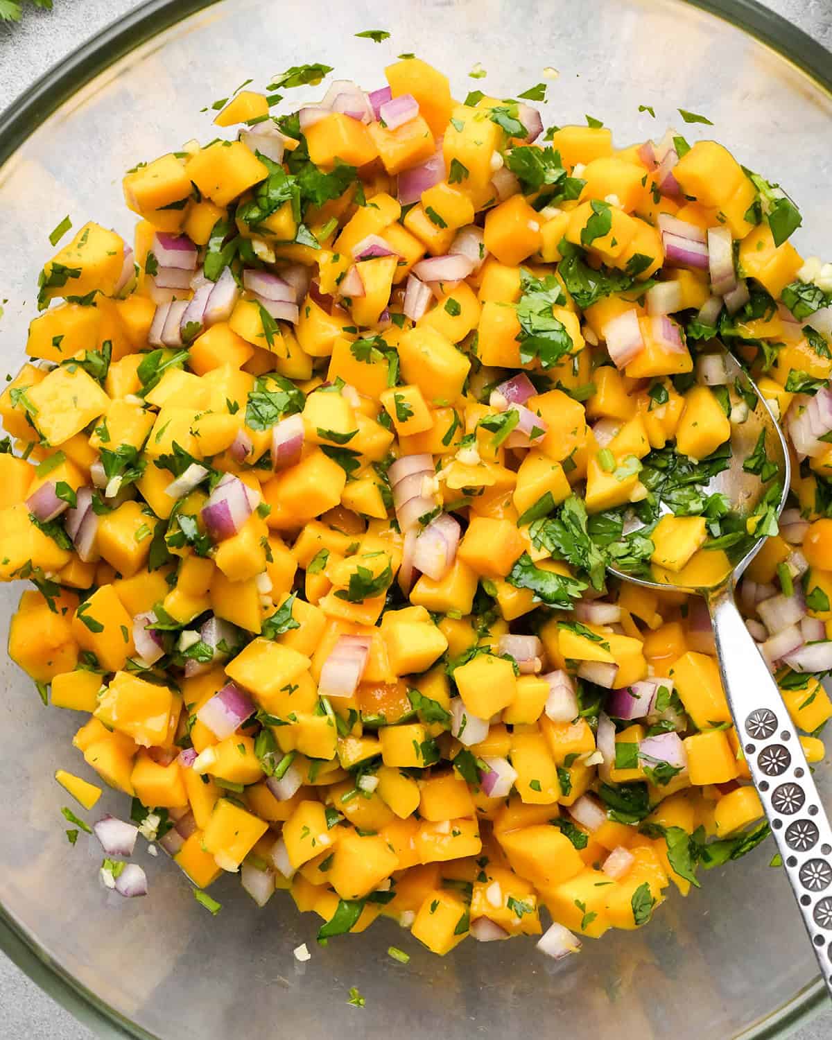 How to Make Mango Salsa - ingredient sin a bowl after stirring