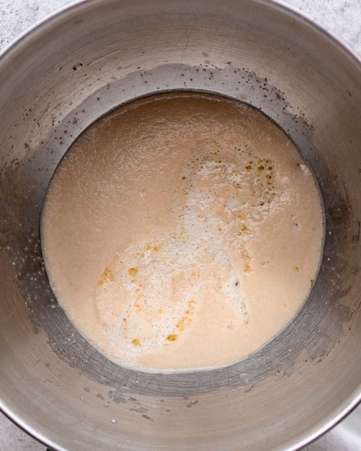How to Make Pretzel Bread - wet ingredients added to proofed yeast before stirring