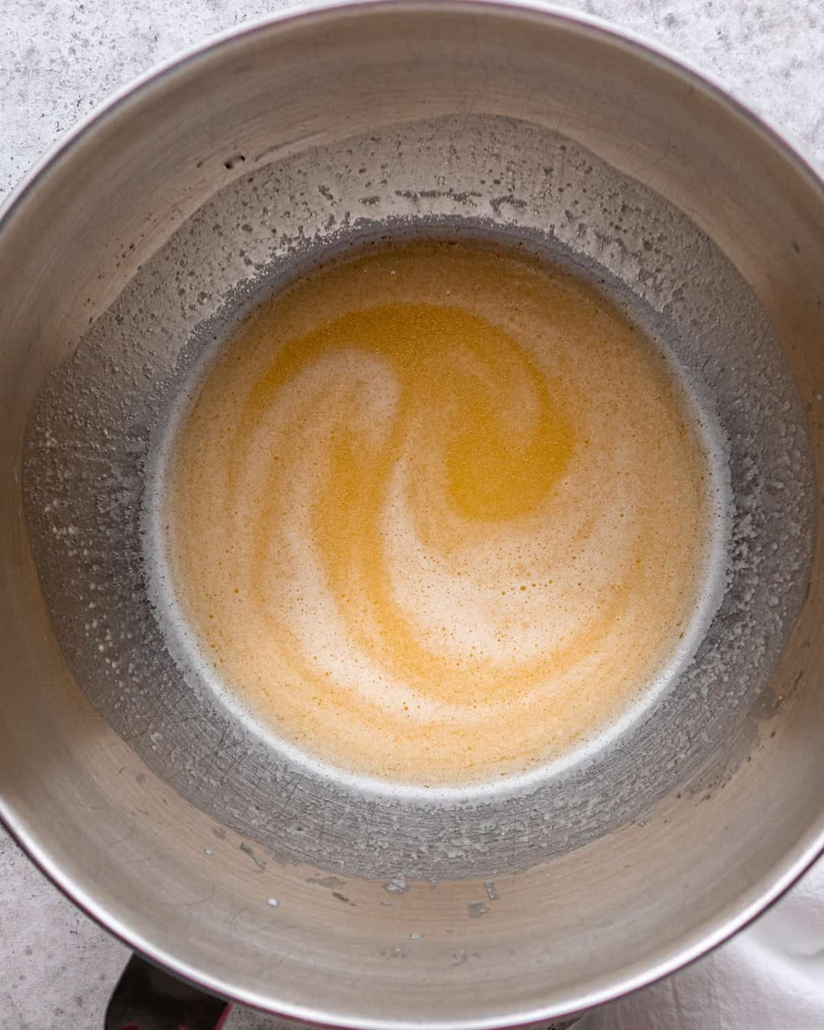 How to Make Pretzel Bread - wet ingredients added to proofed yeast after stirring