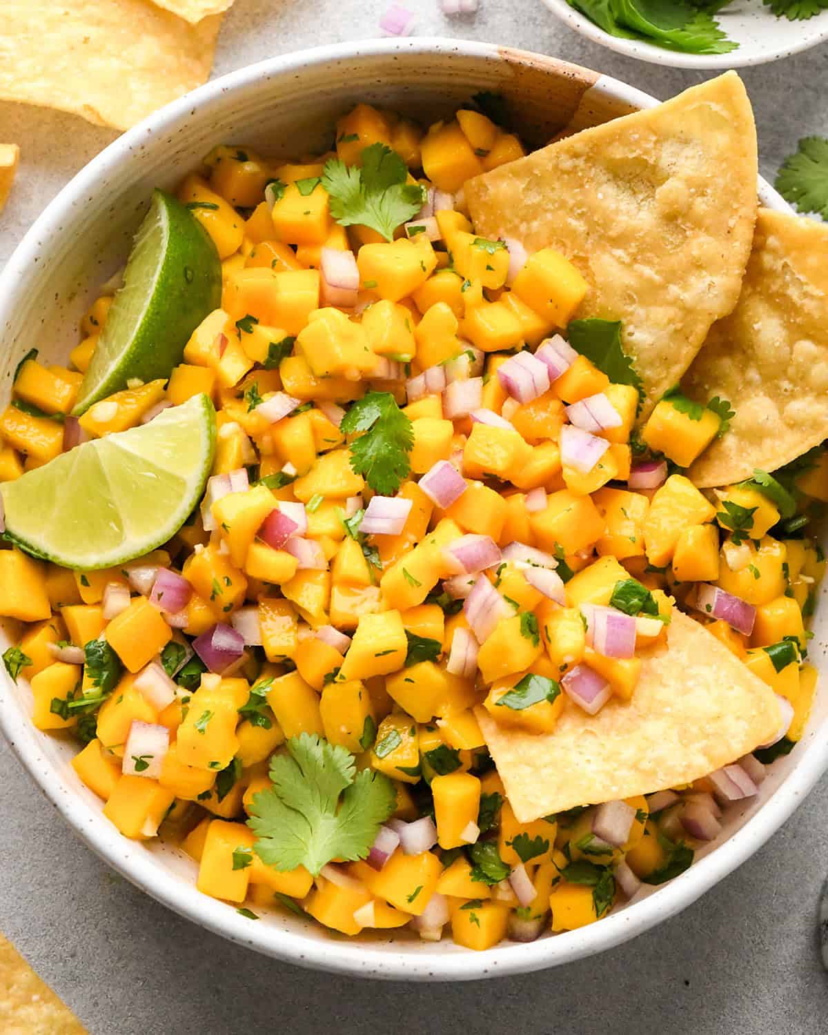Mango Salsa in a bowl with chips
