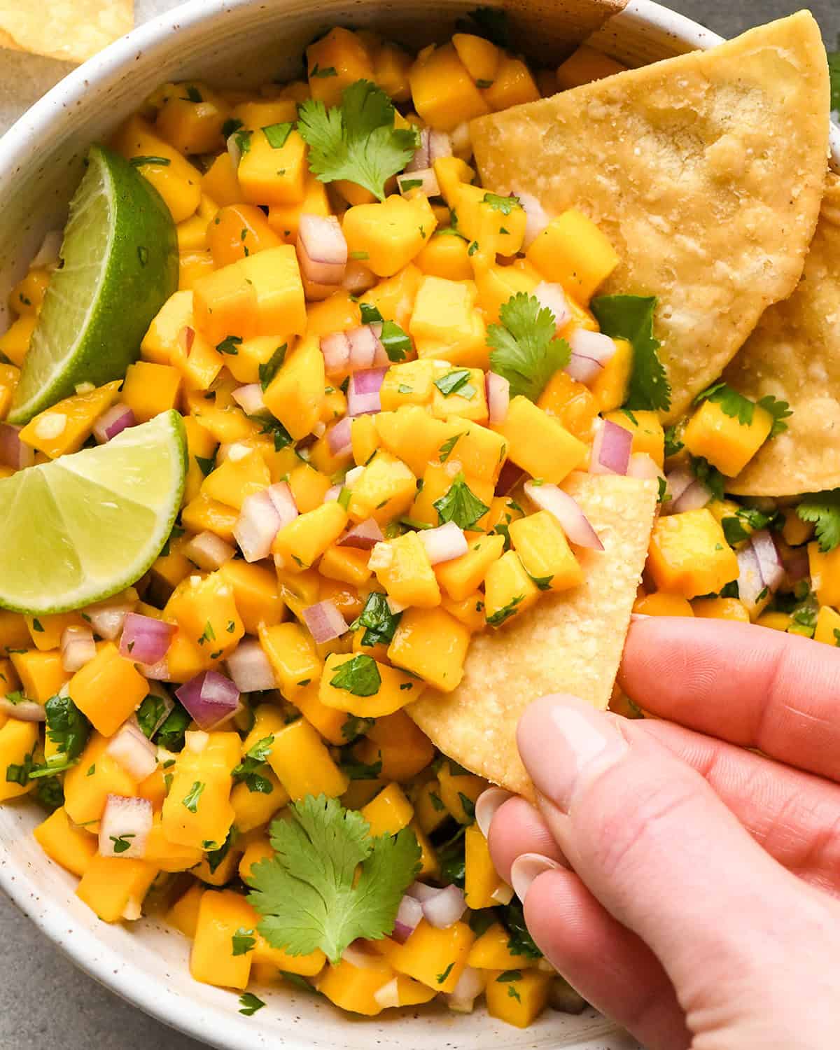 a hand holding a chip taking a dip of Mango Salsa from a bowl