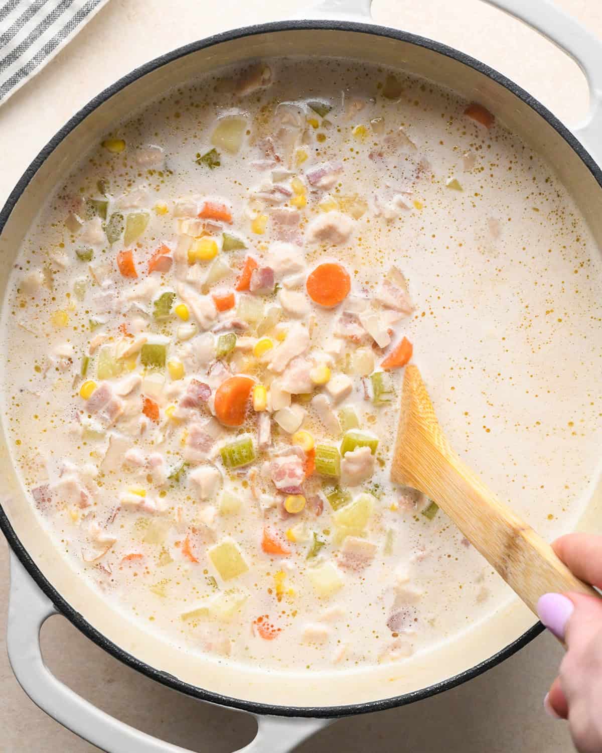 Sweet Corn & Chicken Soup cooking in a pot