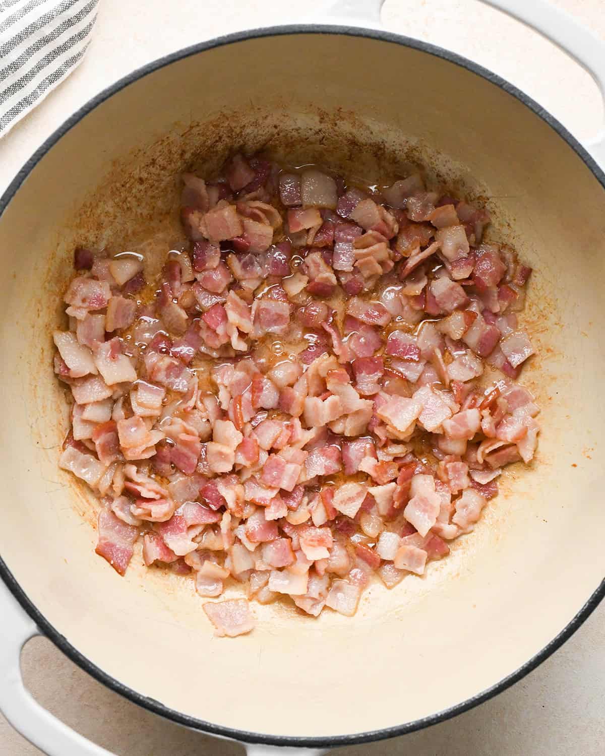 partially cooked bacon in a pot