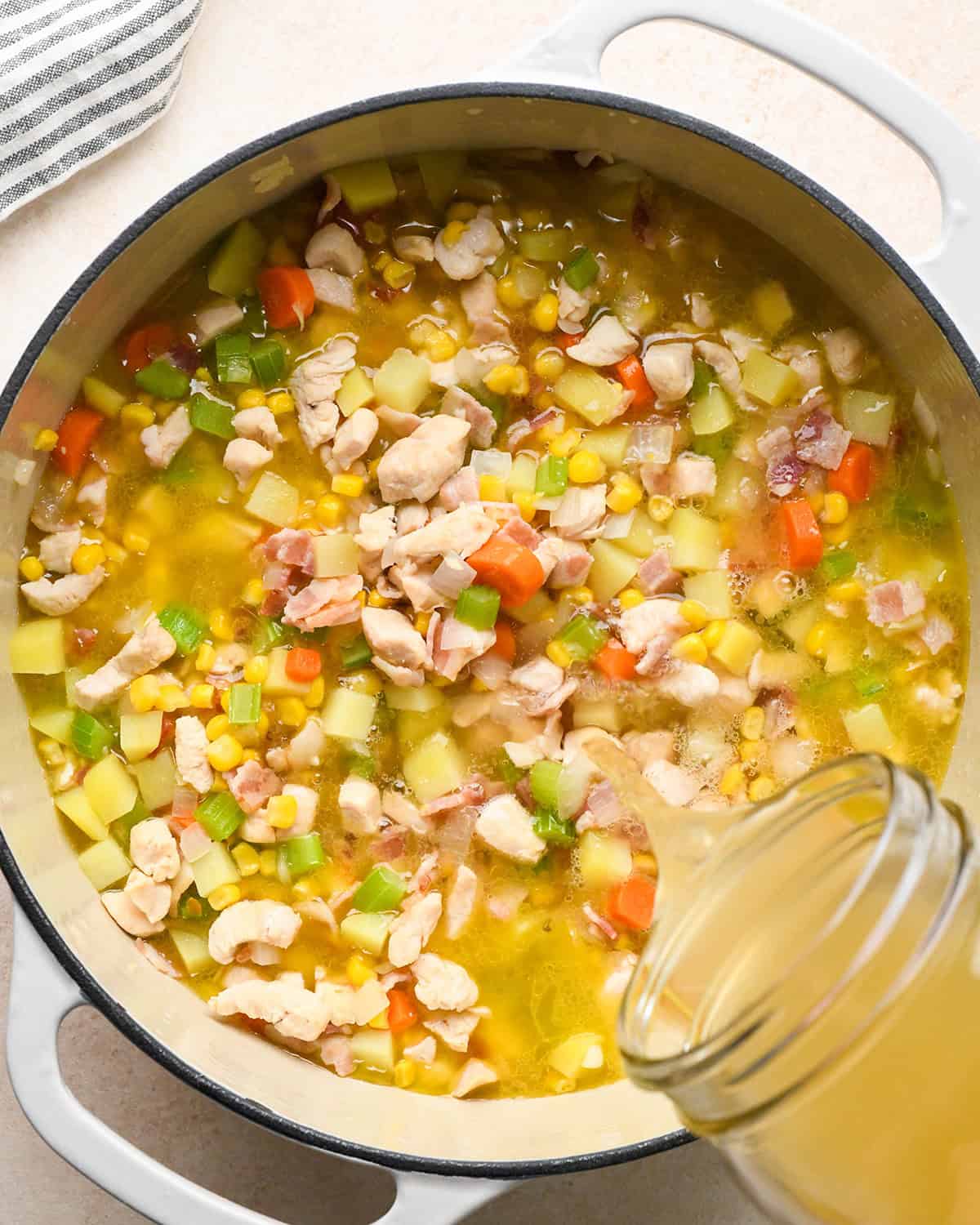 how to make Sweet Corn & Chicken Soup - adding chicken broth