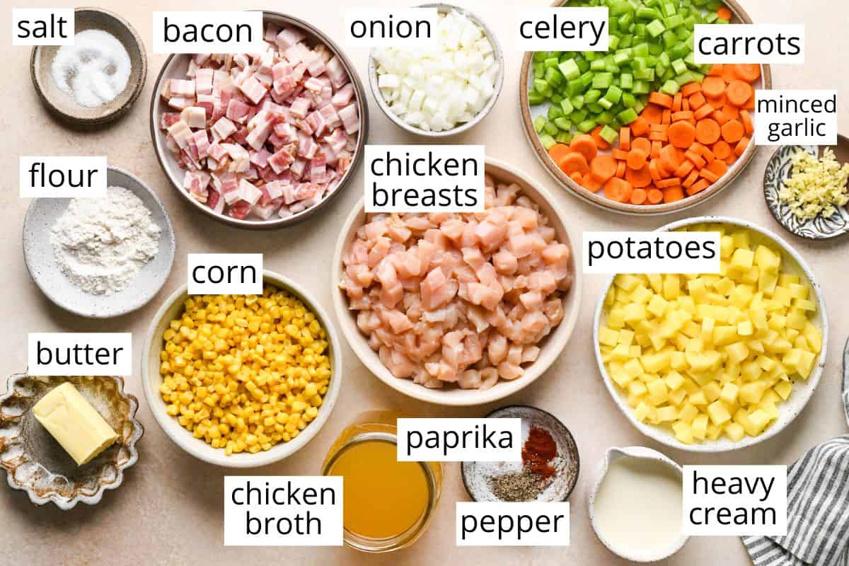 overhead photo of the labeled ingredients in this Sweet Corn & Chicken Soup recipe