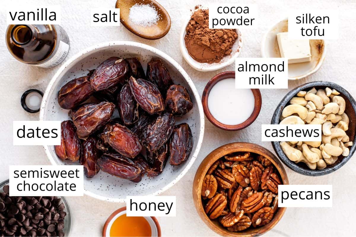 overhead photo of the labeled ingredients in this vegan chocolate pie recipe
