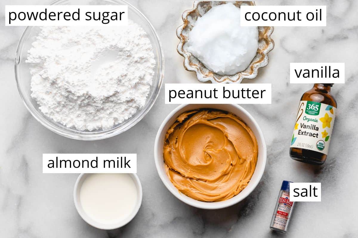 overhead photo of the labeled ingredients in this Vegan Peanut Butter Frosting recipe