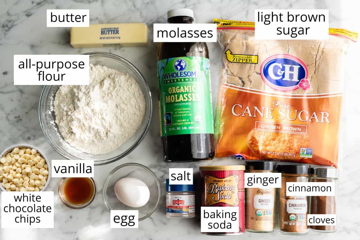 overhead photo of the labeled ingredients in this White Chocolate Gingerbread Cookies recipe
