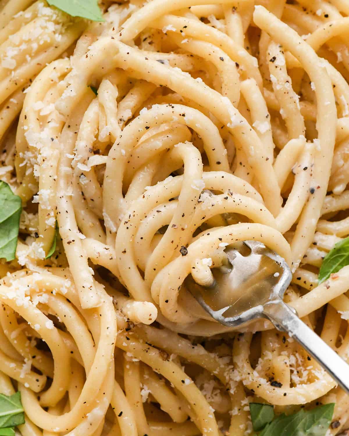 up close photo of a fork with a twirl of Cacio e Pepe Pasta on it