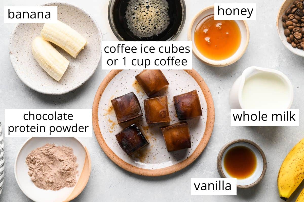 overhead photo of the ingredients in this Coffee Smoothie recipe