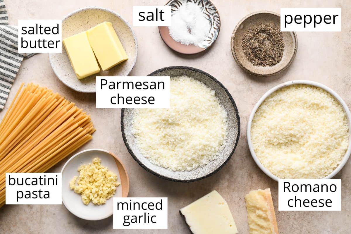 overhead photo of the labeled ingredients in this Cacio e Pepe Pasta recipe