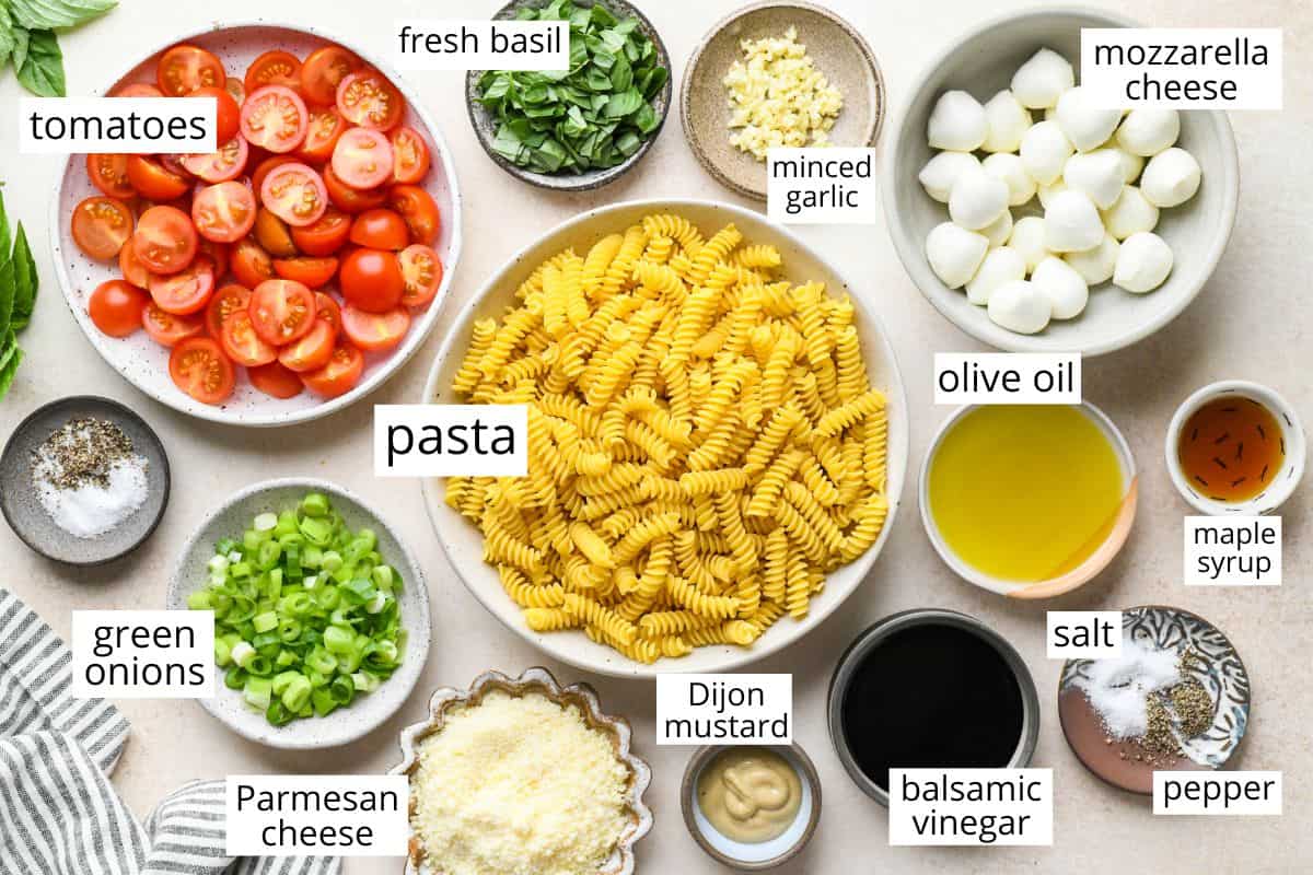 overhead photo of the ingredients in this Caprese Pasta Salad recipe