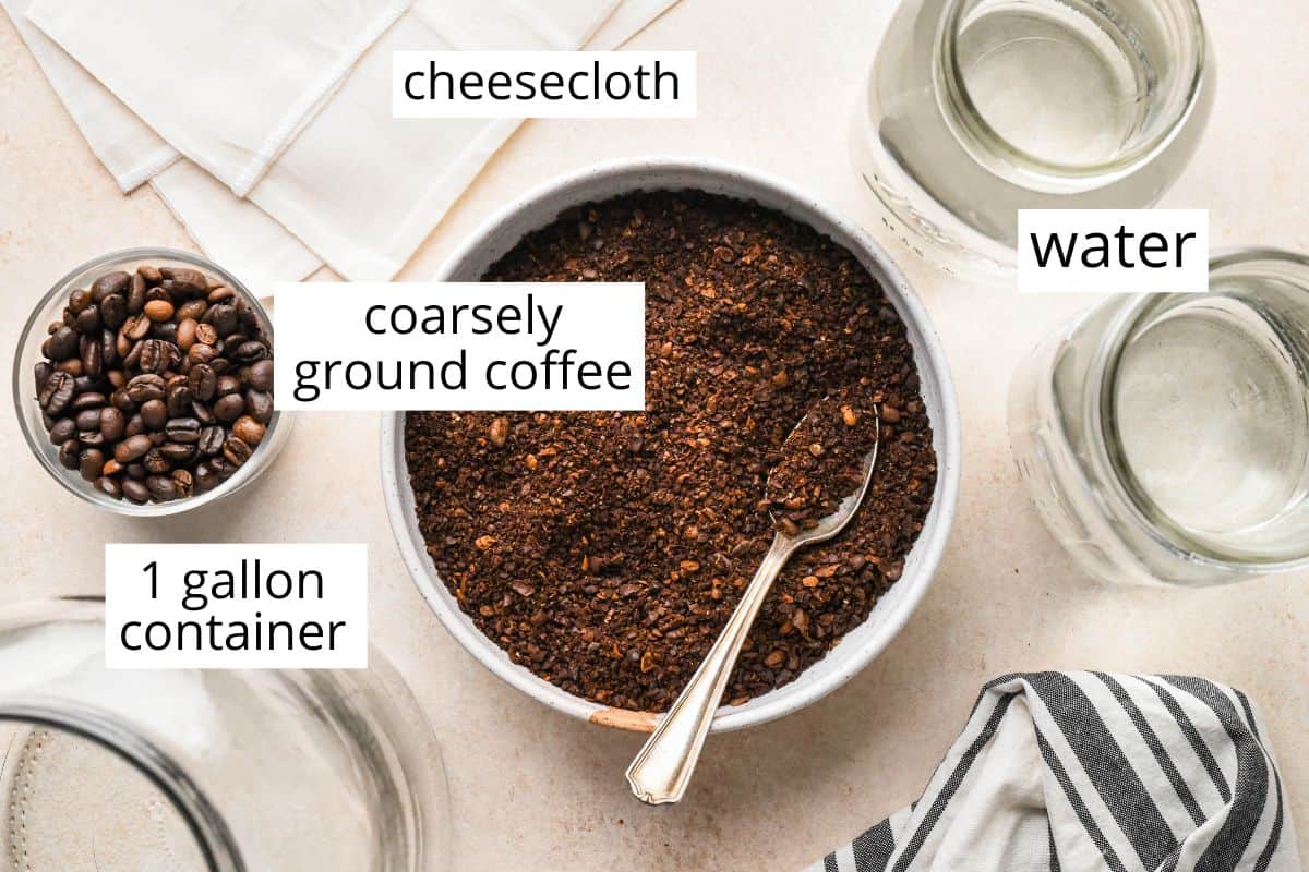 overhead photo of the ingredients and equipment in this Cold Brew Coffee recipe