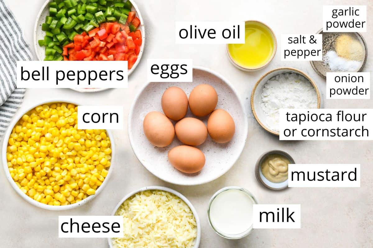 overhead photo of the labeled ingredients in this Crustless Gluten Free Quiche recipe
