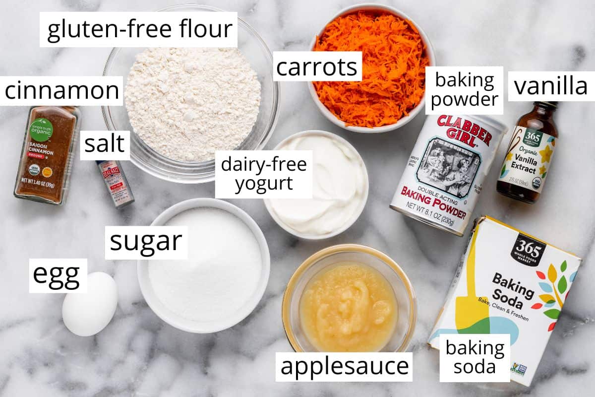 overhead photo of the labeled ingredients in this Dairy Free Gluten Free Carrot Cake