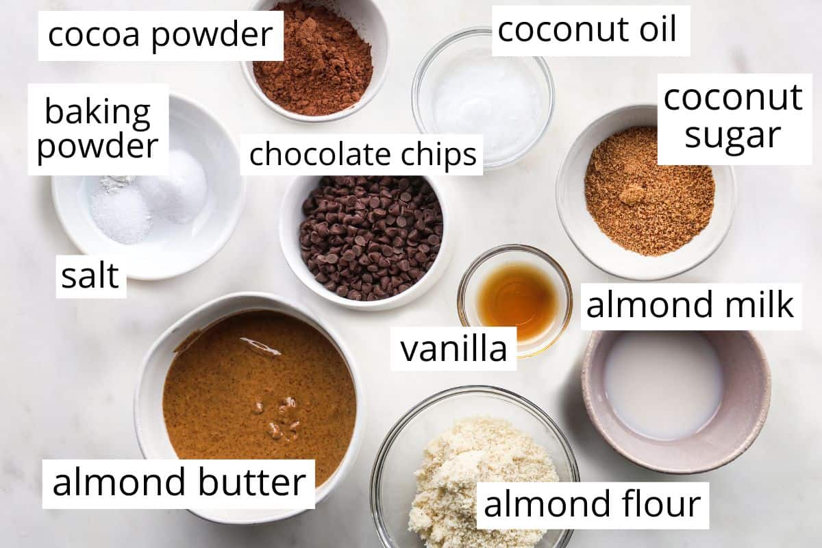 overhead photo of the labeled ingredients in this healthy mug brownie recipe