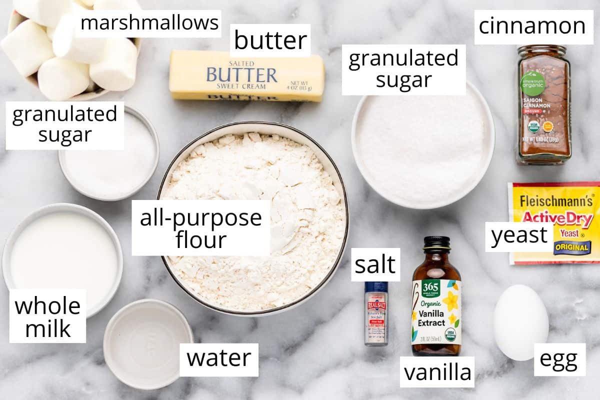 overhead photo of the labeled ingredients in this Homemade Resurrection Rolls recipe