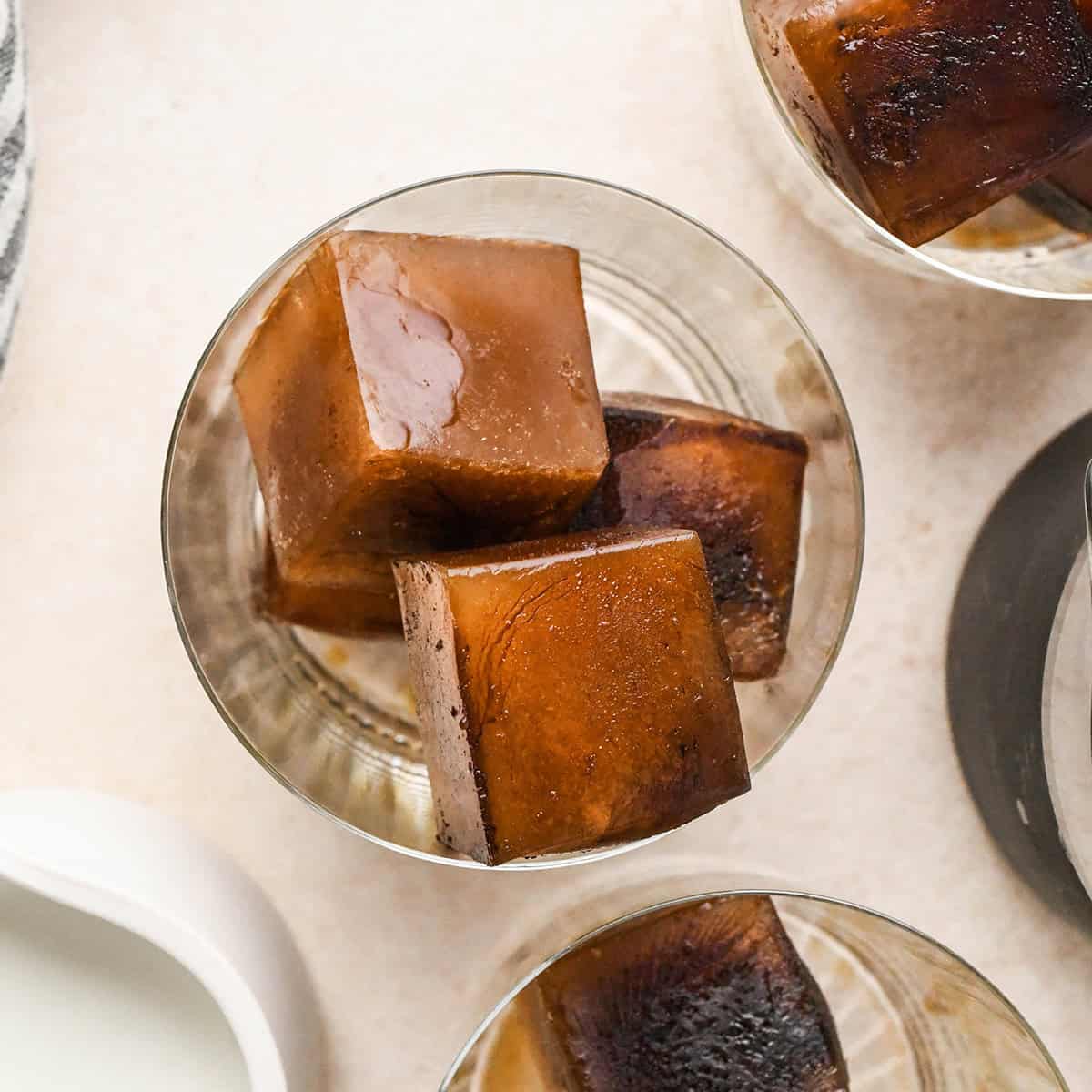 overhead photo of 5 Coffee Ice Cubes in 3 glasses