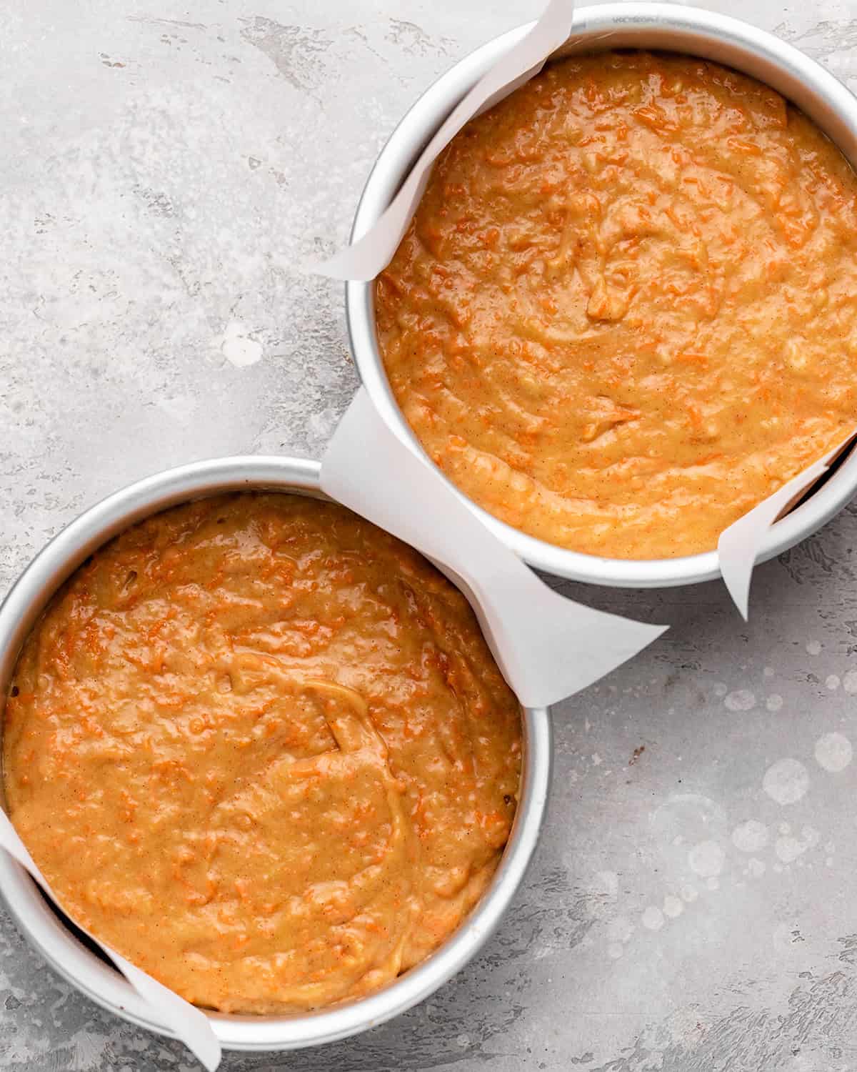 How to Make Gluten-Free Carrot Cake - batter in two cake pans before baking